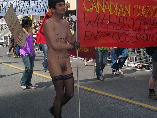 A nude male homosexual in the 2004 Toronto gay pride parade.